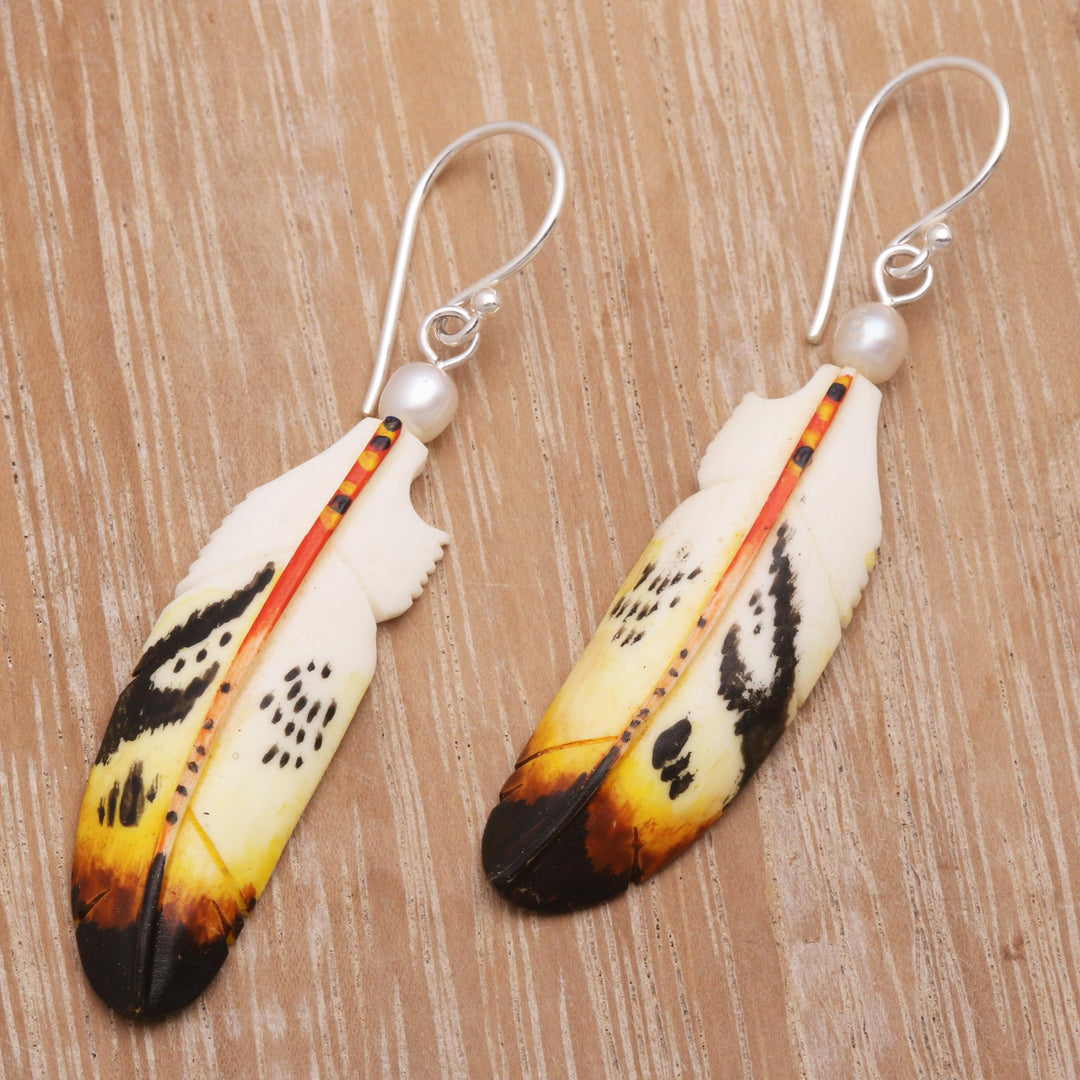 Cultured Pearl Feather Dangle Earrings from Bali - Stunning Feathers