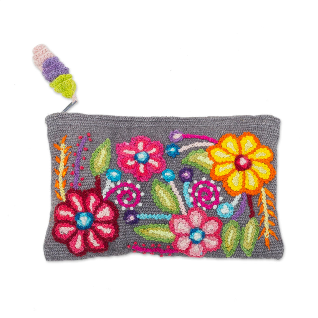 Floral 100% Alpaca Clutch in Smoke from Peru - Smoke Garden
