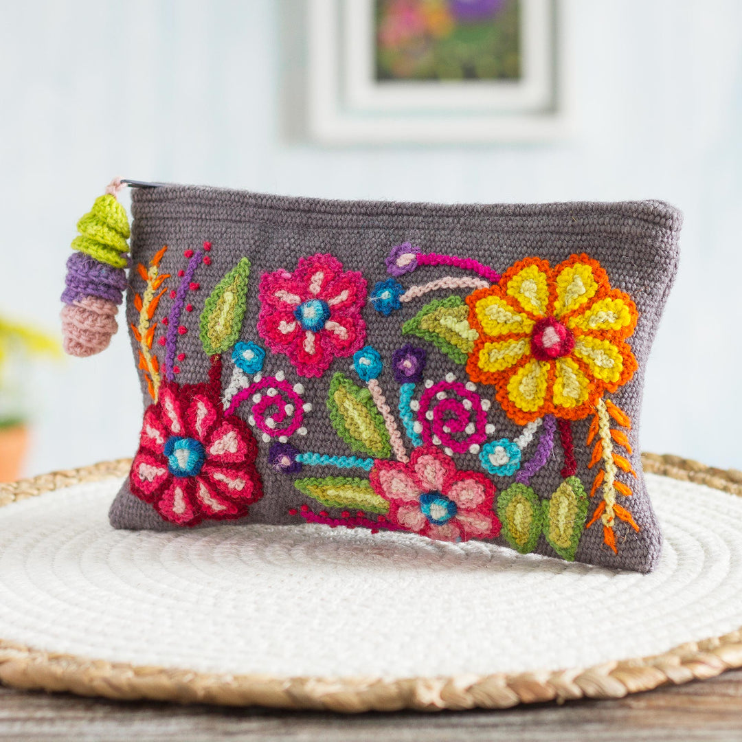 Floral 100% Alpaca Clutch in Smoke from Peru - Smoke Garden