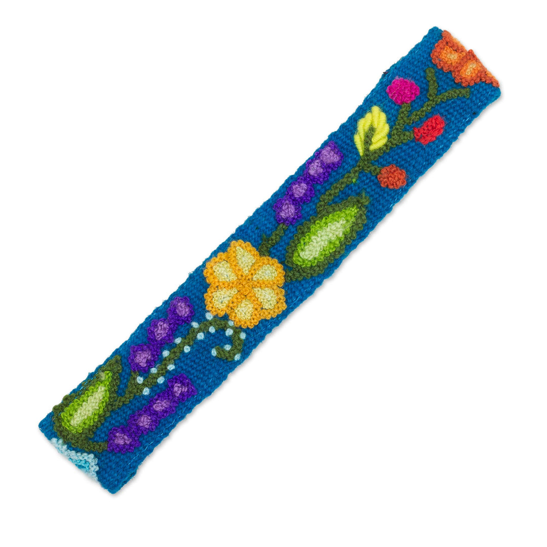 Embroidered Floral Wool Headband in Teal from Peru - Teal Garden