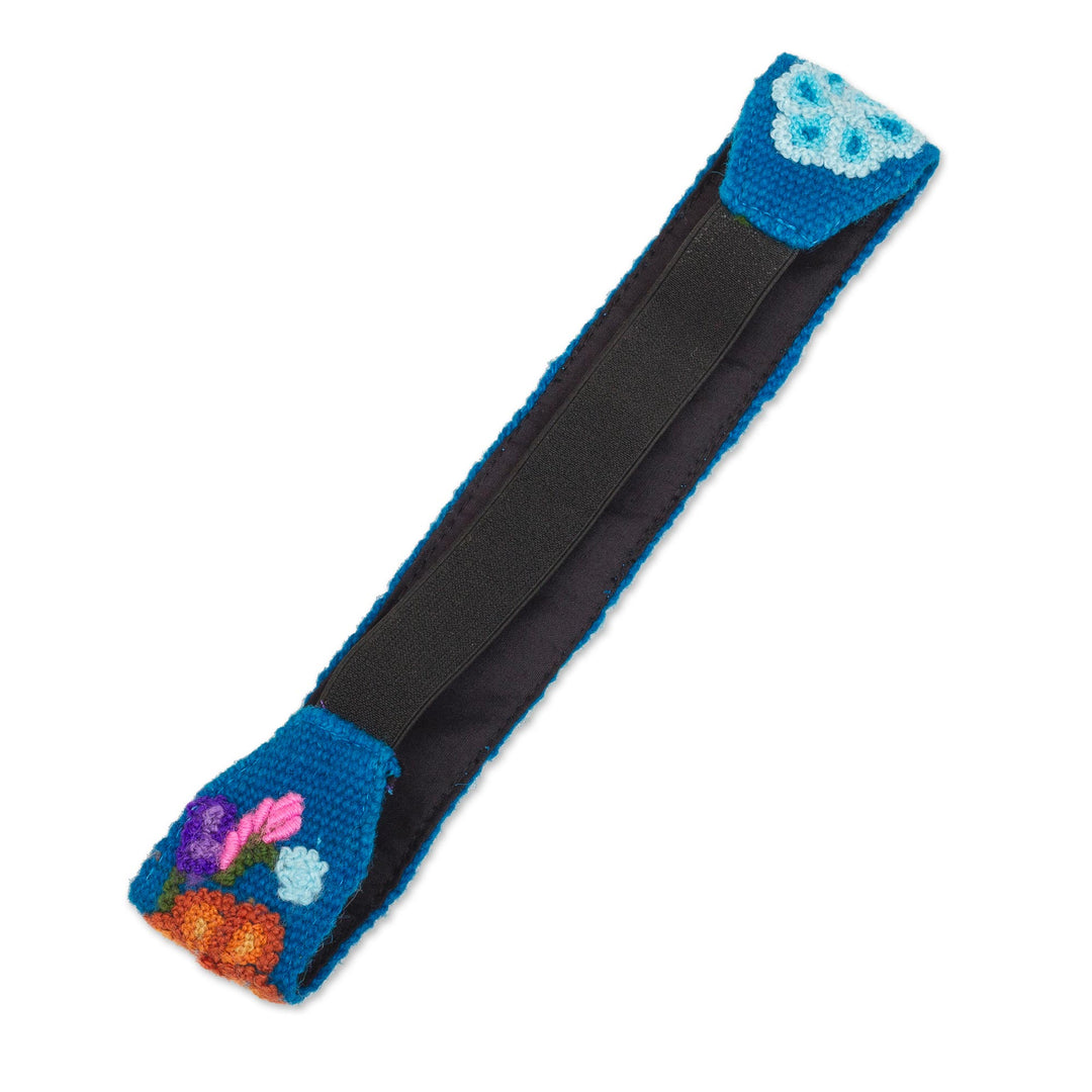 Embroidered Floral Wool Headband in Teal from Peru - Teal Garden