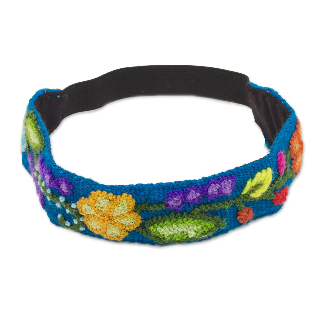 Embroidered Floral Wool Headband in Teal from Peru - Teal Garden