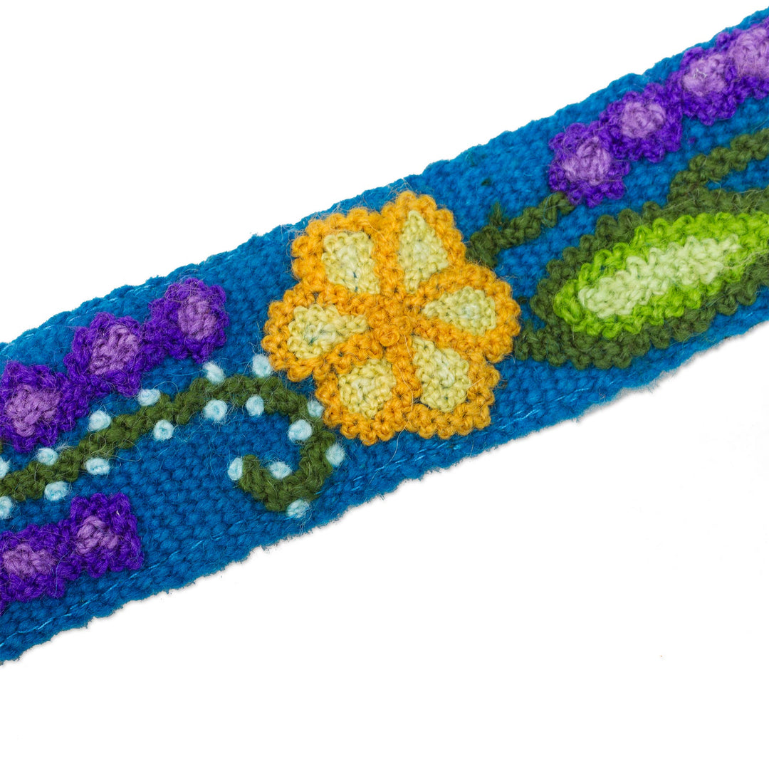 Embroidered Floral Wool Headband in Teal from Peru - Teal Garden