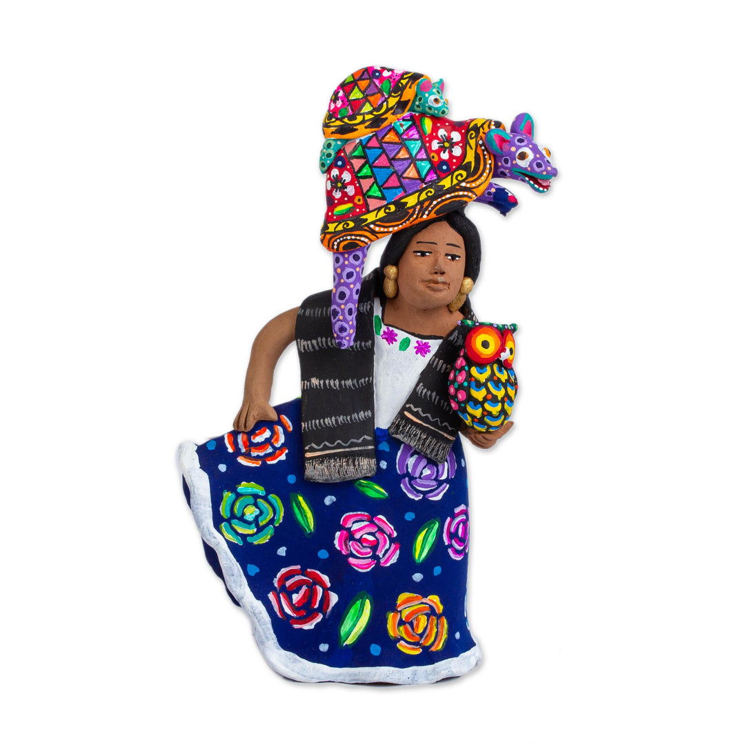 Alebrije-Themed Ceramic Sculpture from Mexico - Woman with Alebrijes