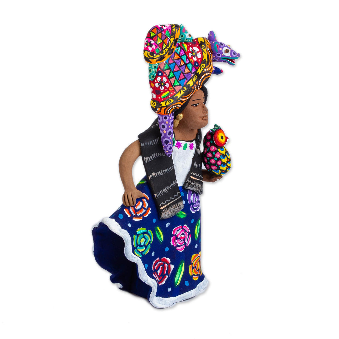Alebrije-Themed Ceramic Sculpture from Mexico - Woman with Alebrijes