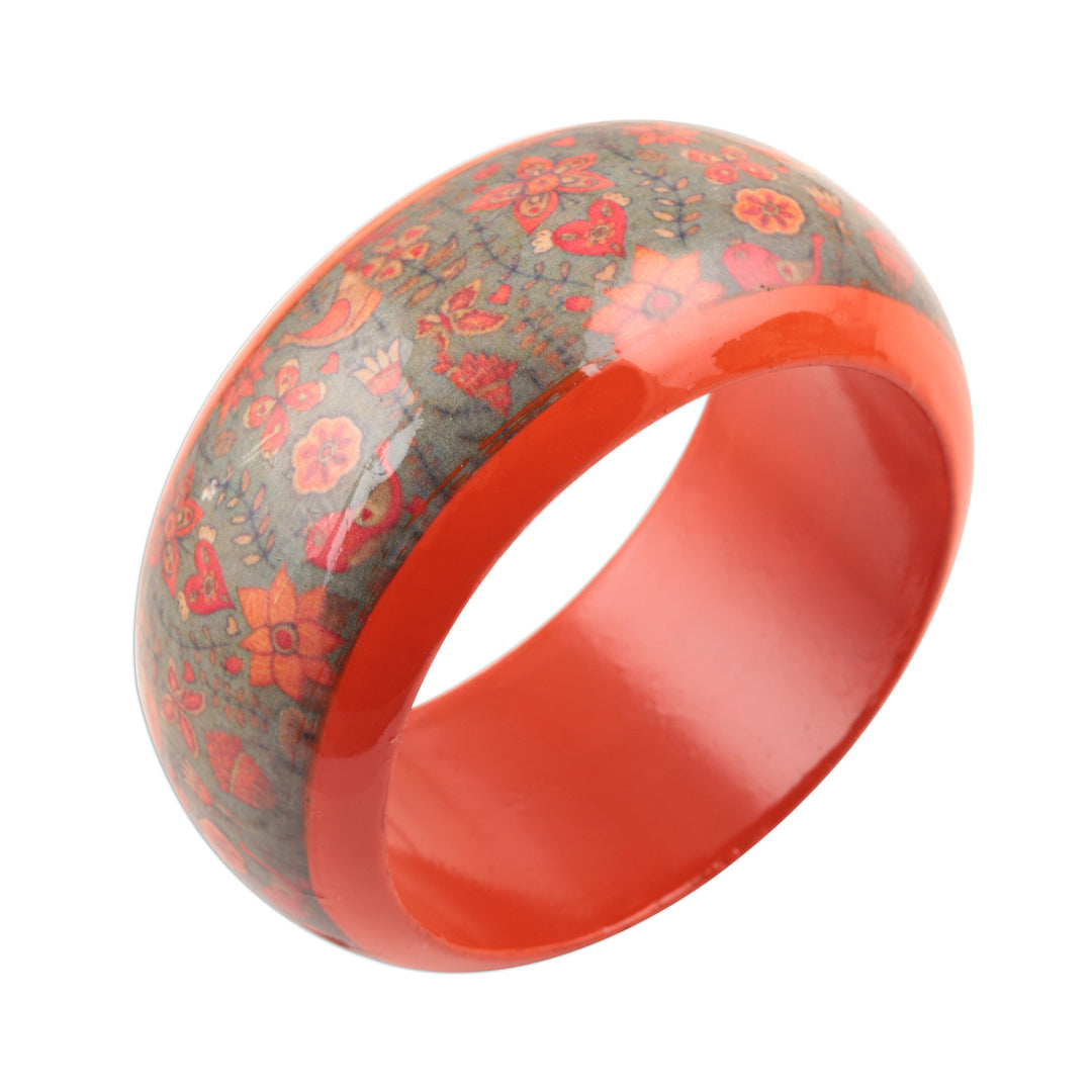 Bird Motif Haldu Wood Bangle Bracelet Crafted in India - Bird Garden