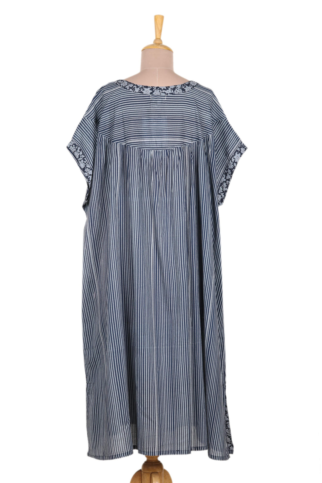 Dark and Light Blue Striped Cotton Caftan Dress - Stripes and Flowers