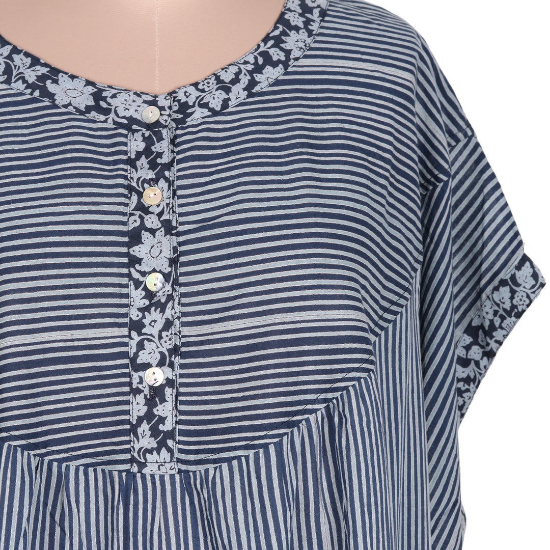 Dark and Light Blue Striped Cotton Caftan Dress - Stripes and Flowers