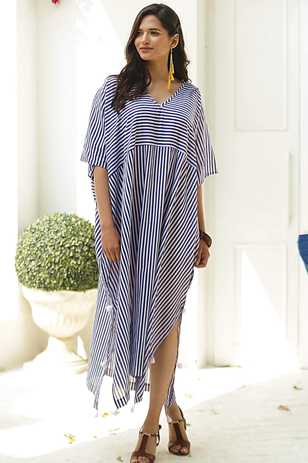 Relaxed Striped Cotton Caftan Dress - Delhi Stripe