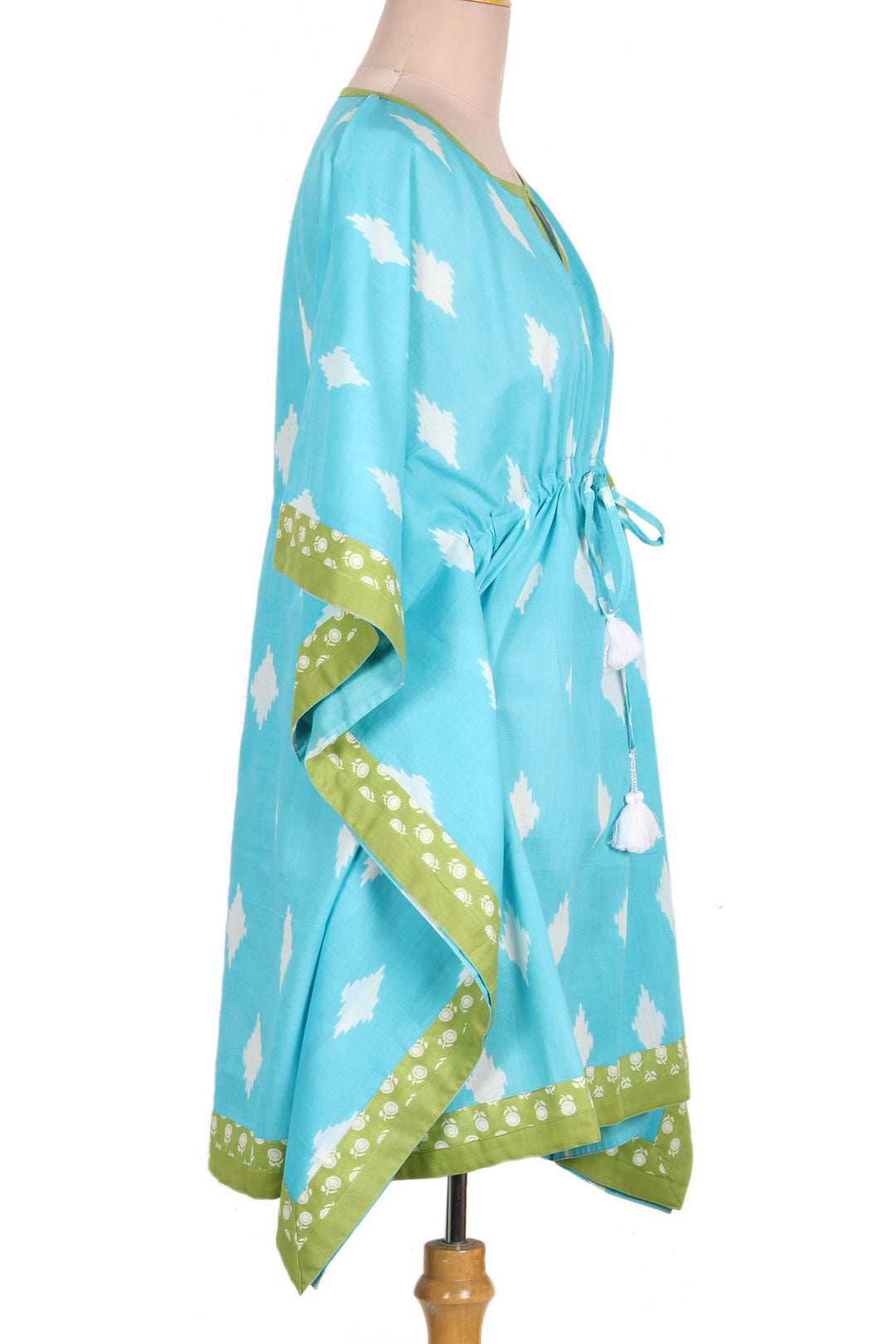 Screen Printed Turquoise Cotton Caftan from India - Diamonds Are Forever
