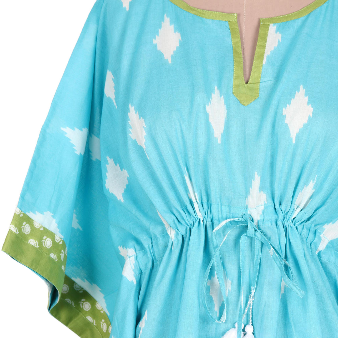 Screen Printed Turquoise Cotton Caftan from India - Diamonds Are Forever