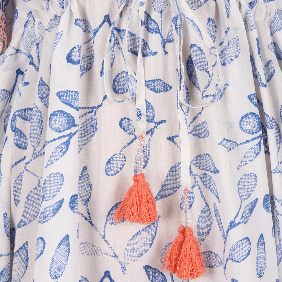 Hand Made Leaf-Themed Drawstring Cotton Caftan - Breezy Leaves