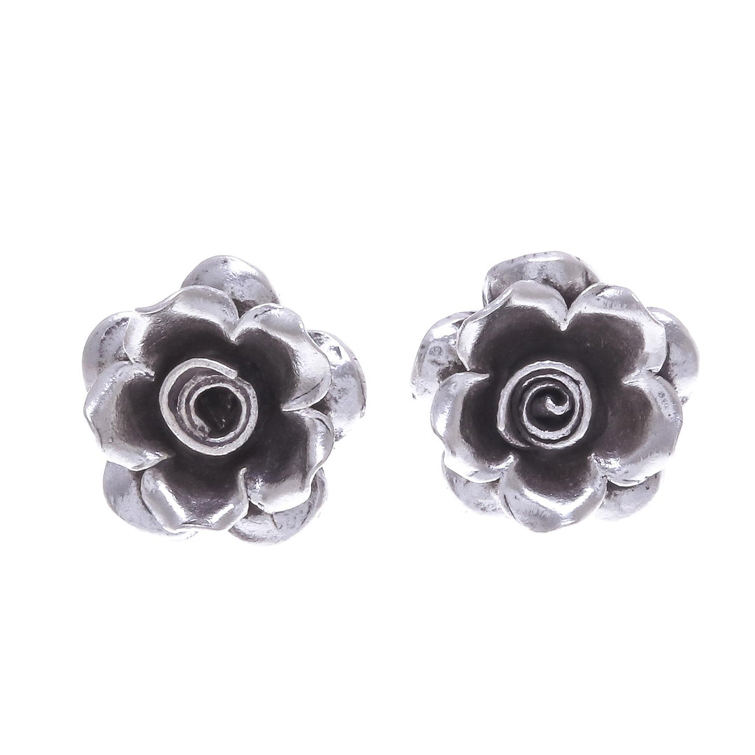 Thai Karen Hill Tribe Silver Flower Theme Button Earrings - Hill Tribe Roses