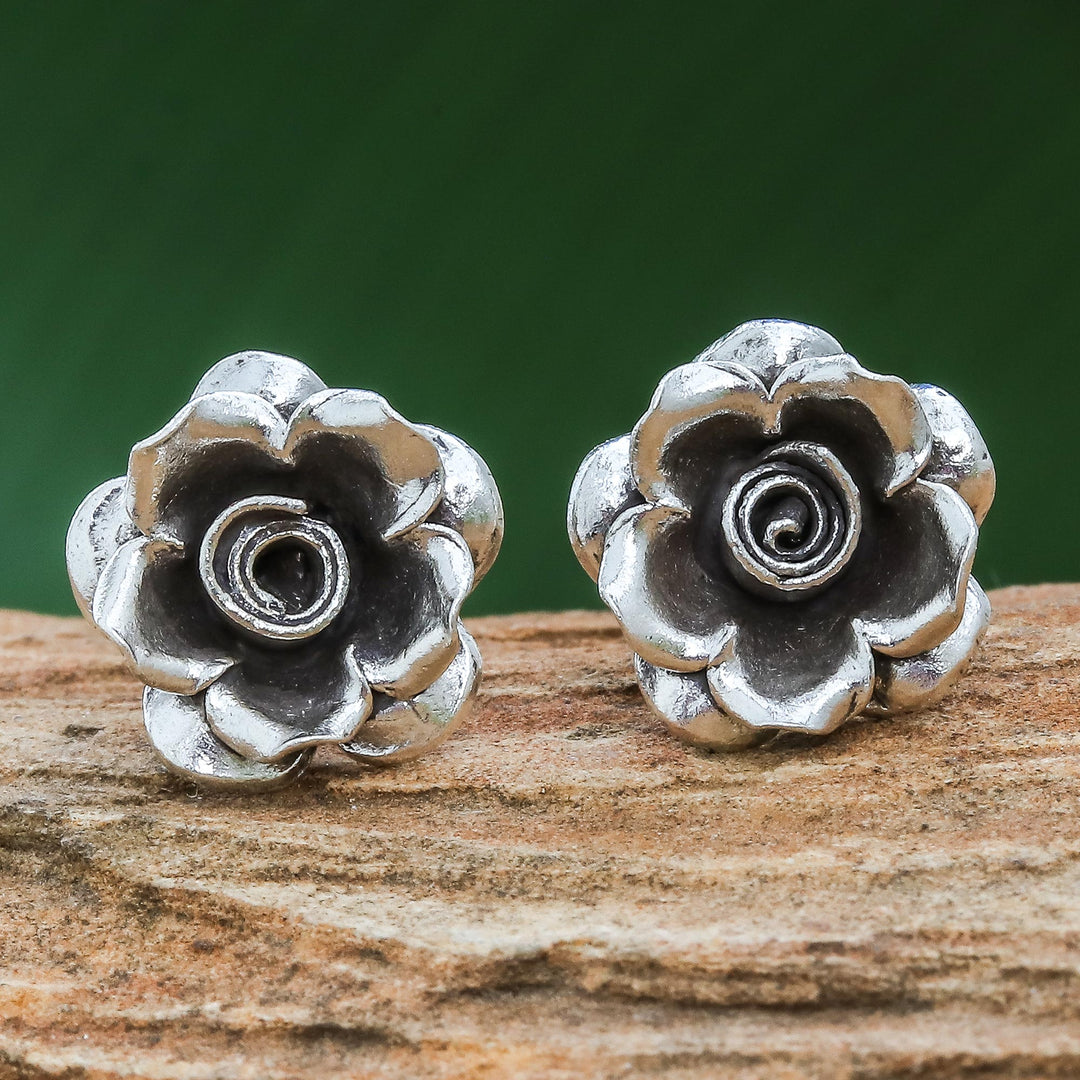 Thai Karen Hill Tribe Silver Flower Theme Button Earrings - Hill Tribe Roses