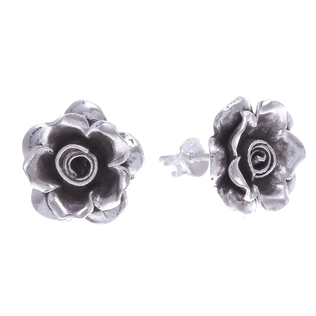 Thai Karen Hill Tribe Silver Flower Theme Button Earrings - Hill Tribe Roses