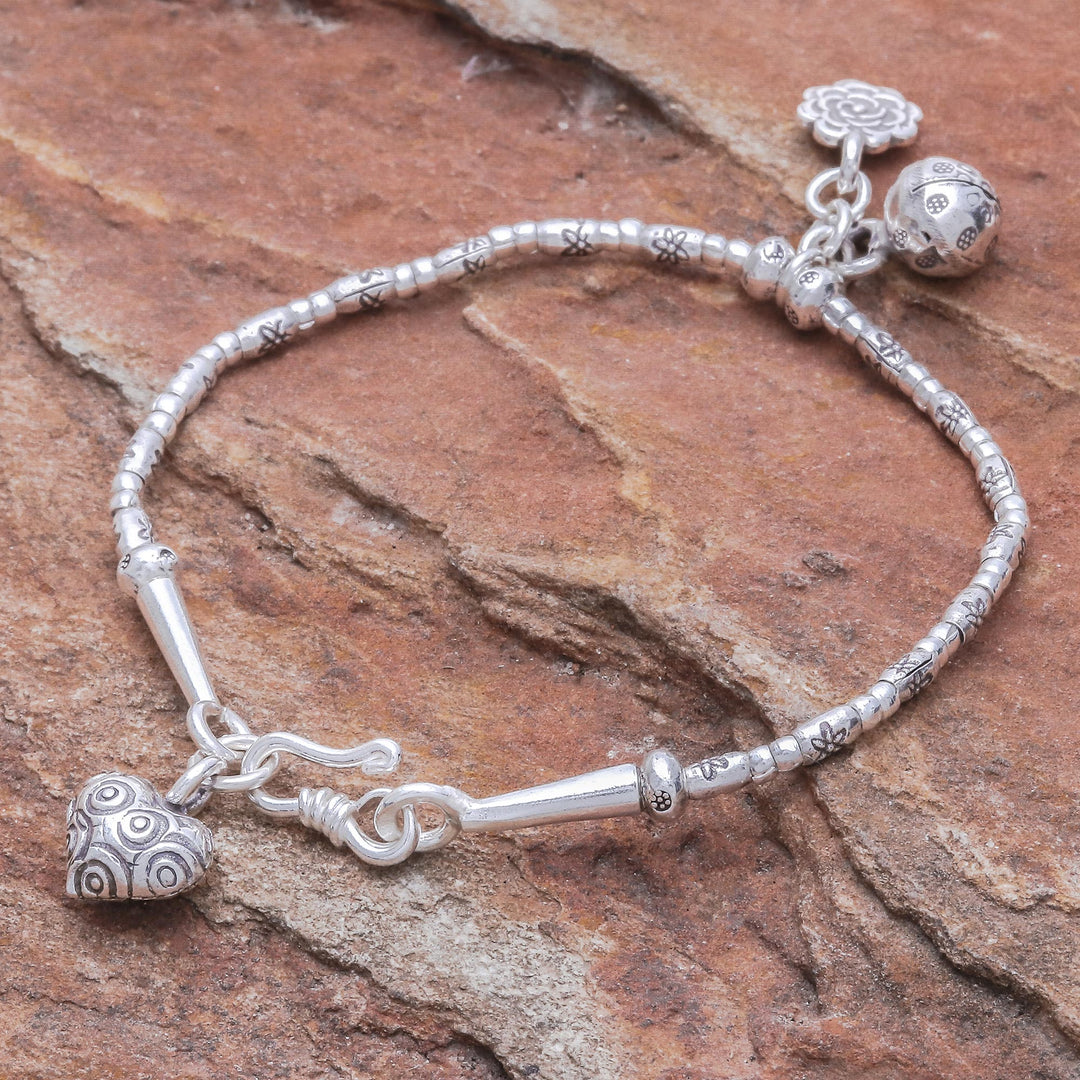 Floral Karen Silver Beaded Bracelet with Bell Charm - Floral Sound