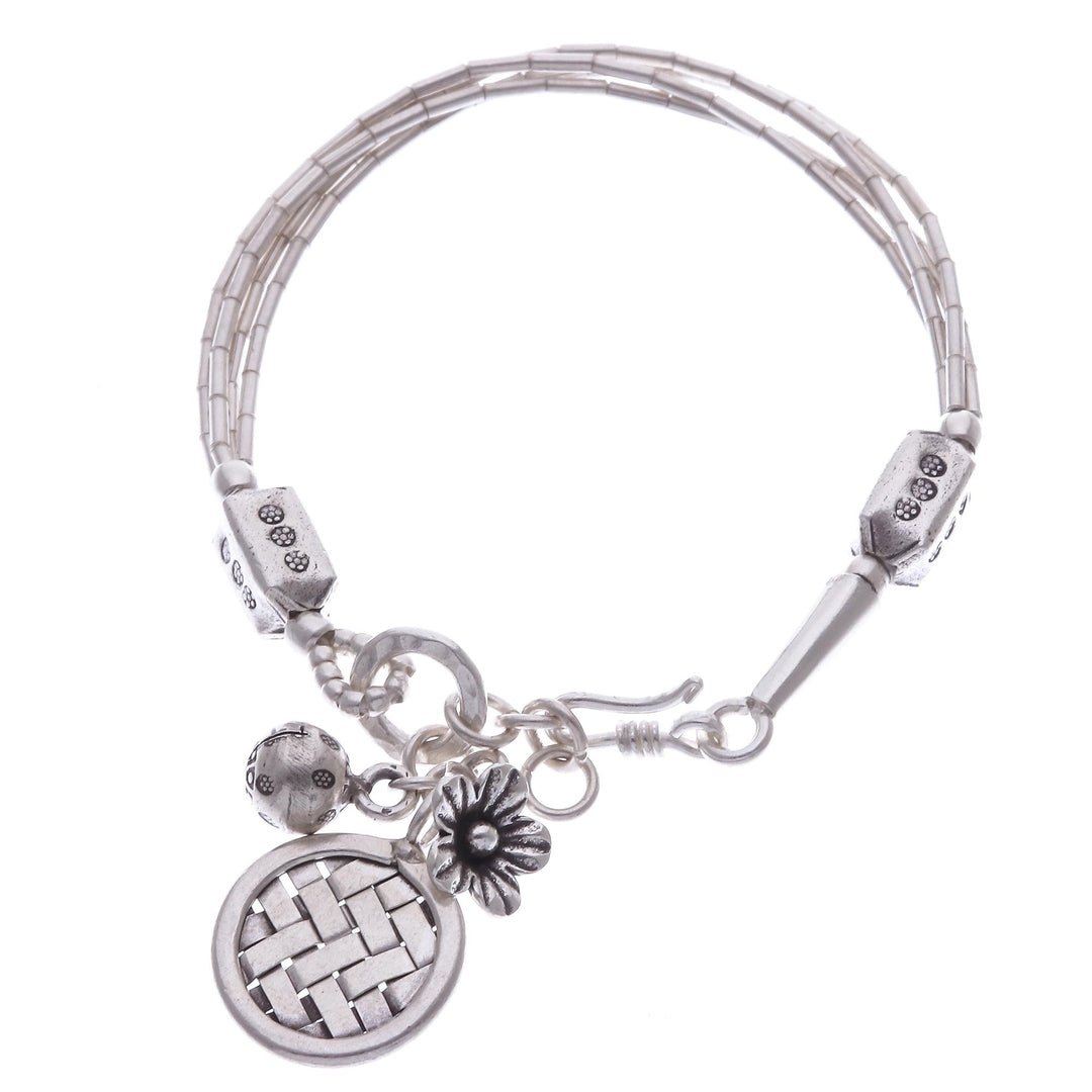 Thai Karen Hill Tribe Silver Beaded Floral Charm Bracelet - Floral Weave