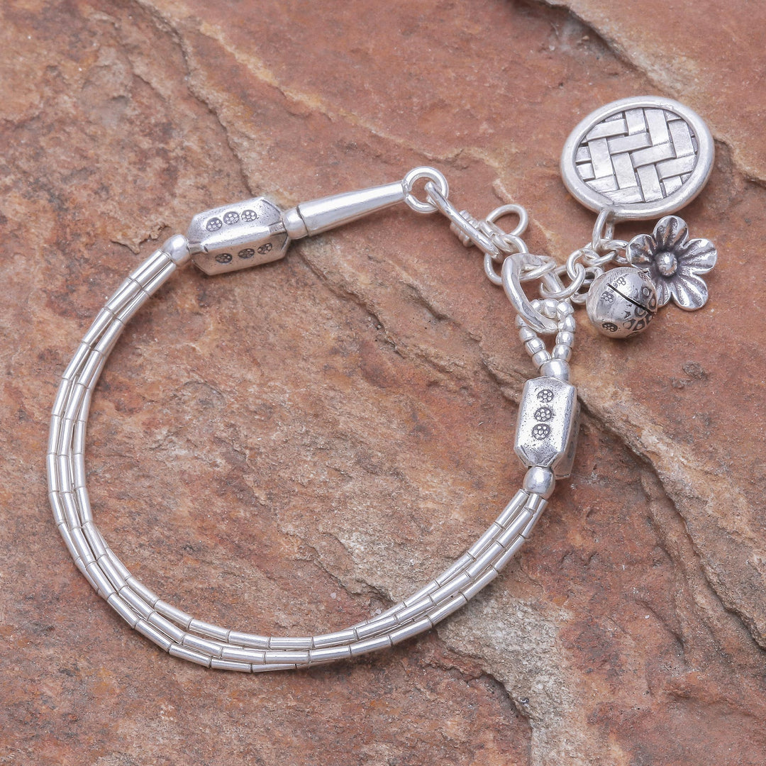 Thai Karen Hill Tribe Silver Beaded Floral Charm Bracelet - Floral Weave