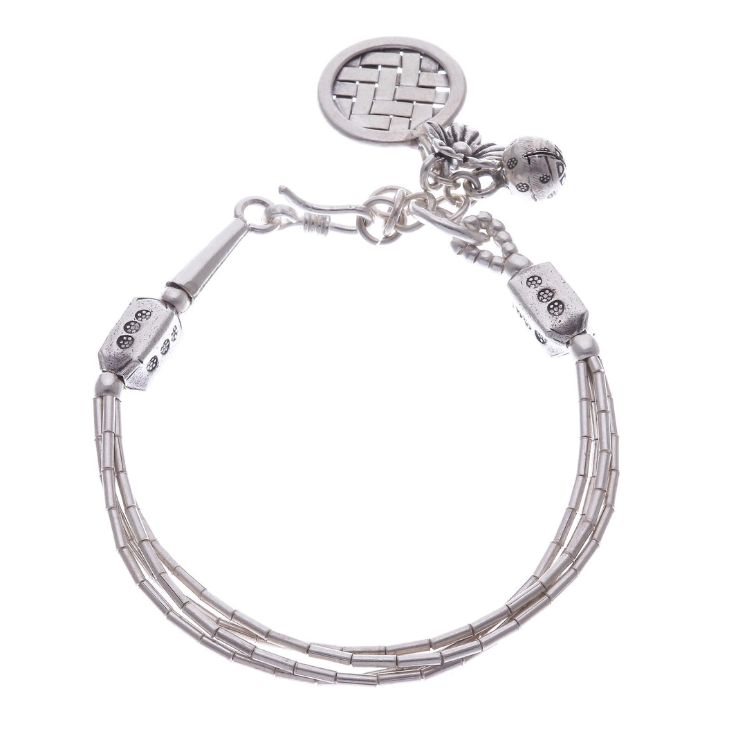 Thai Karen Hill Tribe Silver Beaded Floral Charm Bracelet - Floral Weave