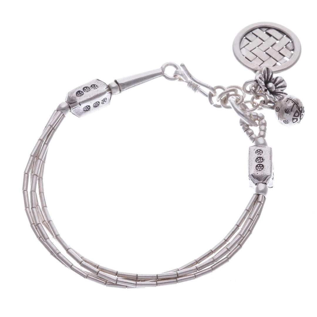 Thai Karen Hill Tribe Silver Beaded Floral Charm Bracelet - Floral Weave