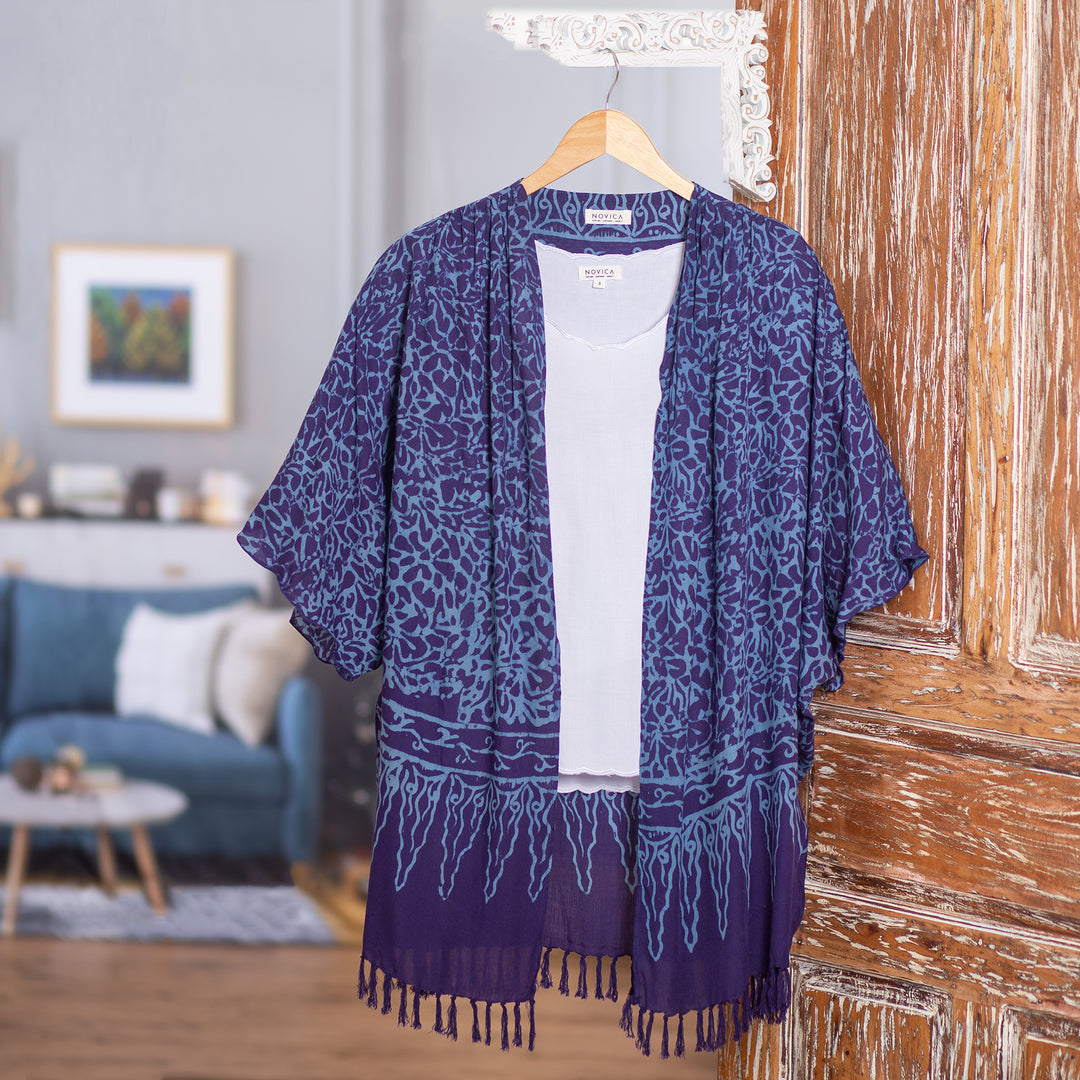 Rayon Batik Kimono Jacket in Blue Violet Print - Waterways