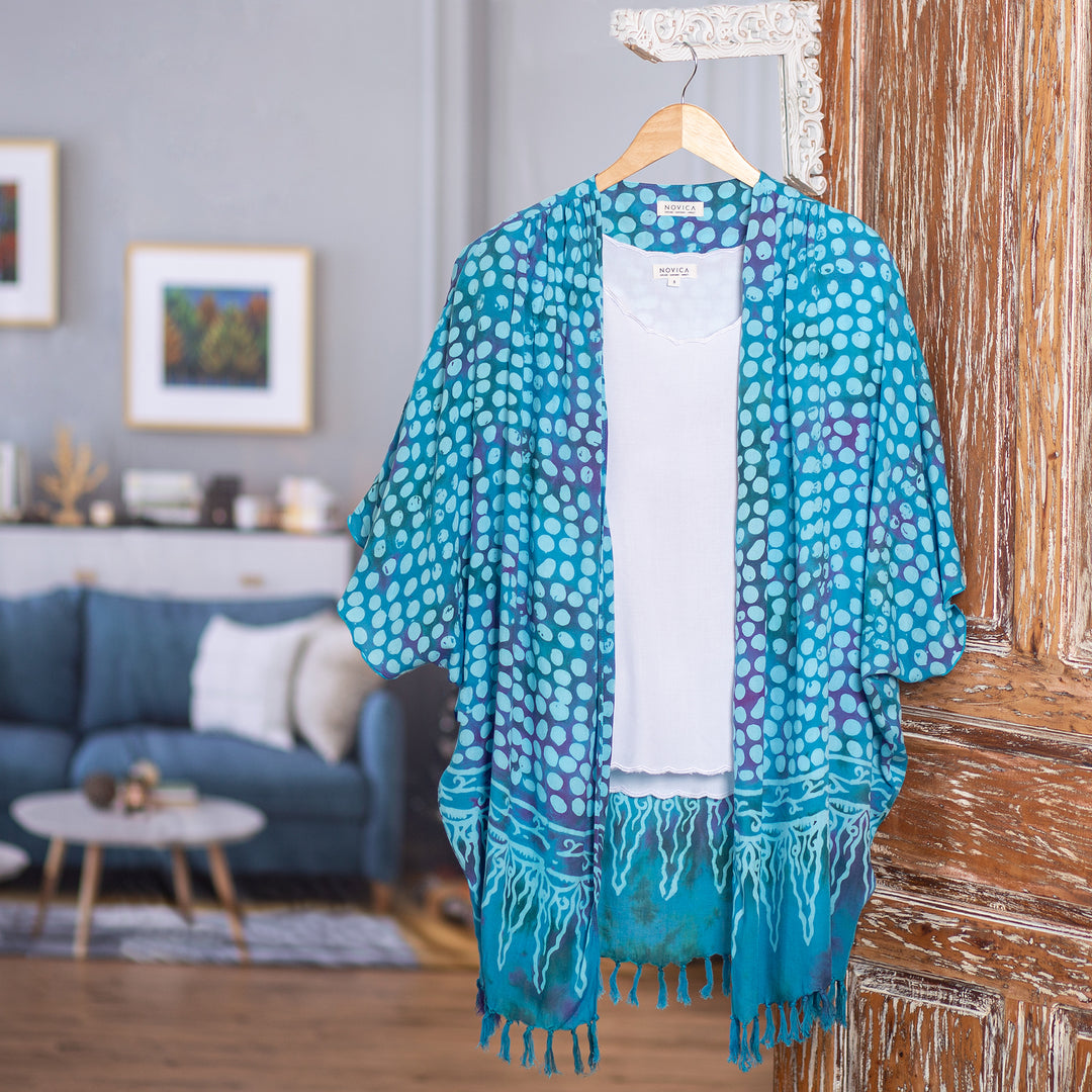 Blue Batik Rayon Kimono Topper for Women - Bubbles