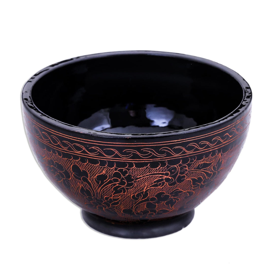 Handcrafted Red and Black Lacquered Bowl from Thailand - Red Floral Forest