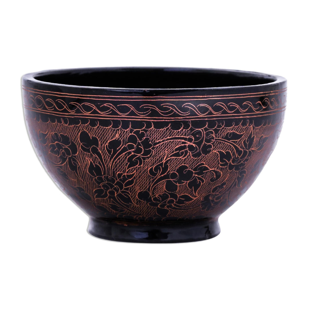Handcrafted Red and Black Lacquered Bowl from Thailand - Red Floral Forest