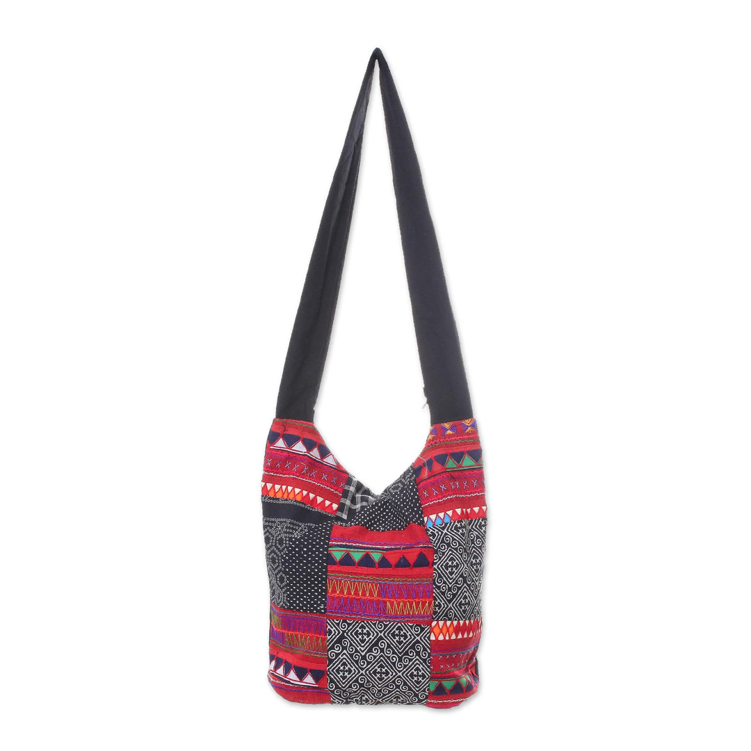 Red and Black and White Patchwork Cotton Blend Shoulder Bag - Patchwork Perfection