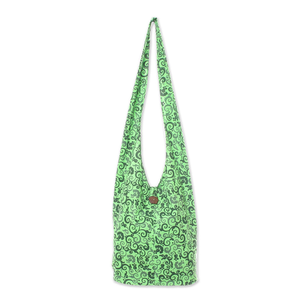 Spring Green Floral and Vine Motif 100% Cotton Shoulder Bag - Pretty Tendrils
