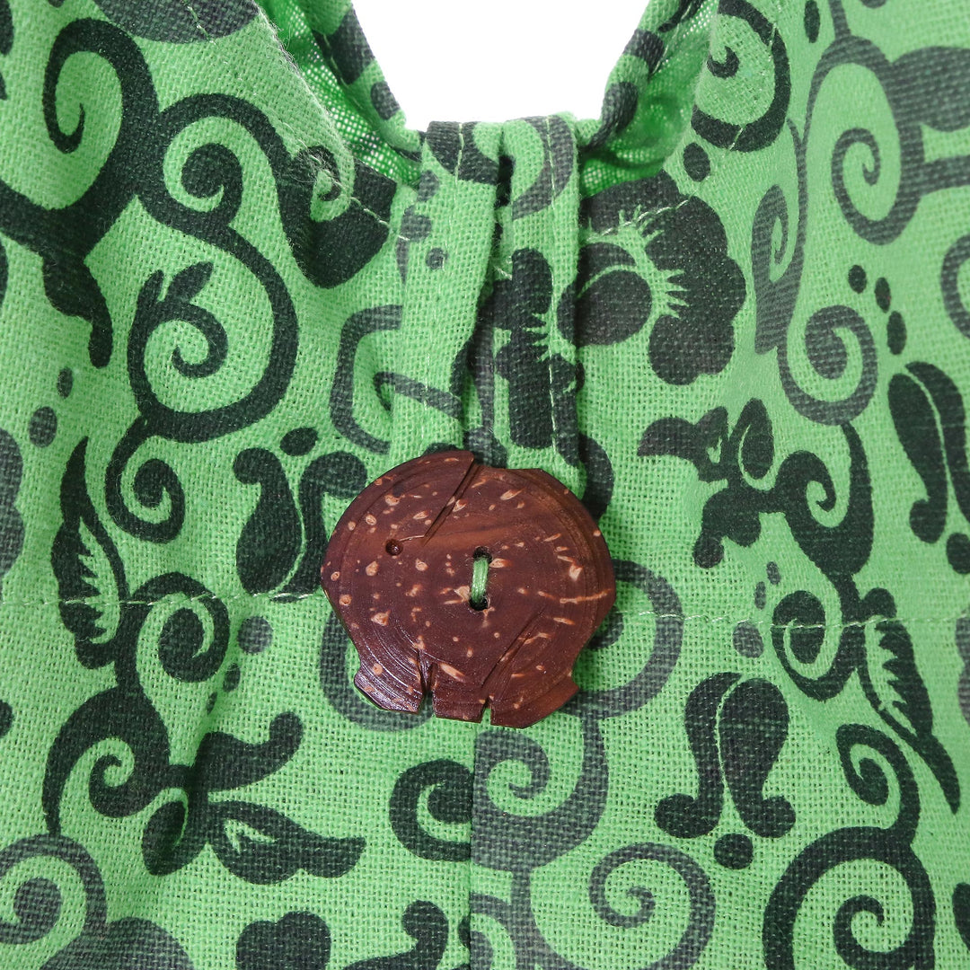 Spring Green Floral and Vine Motif 100% Cotton Shoulder Bag - Pretty Tendrils