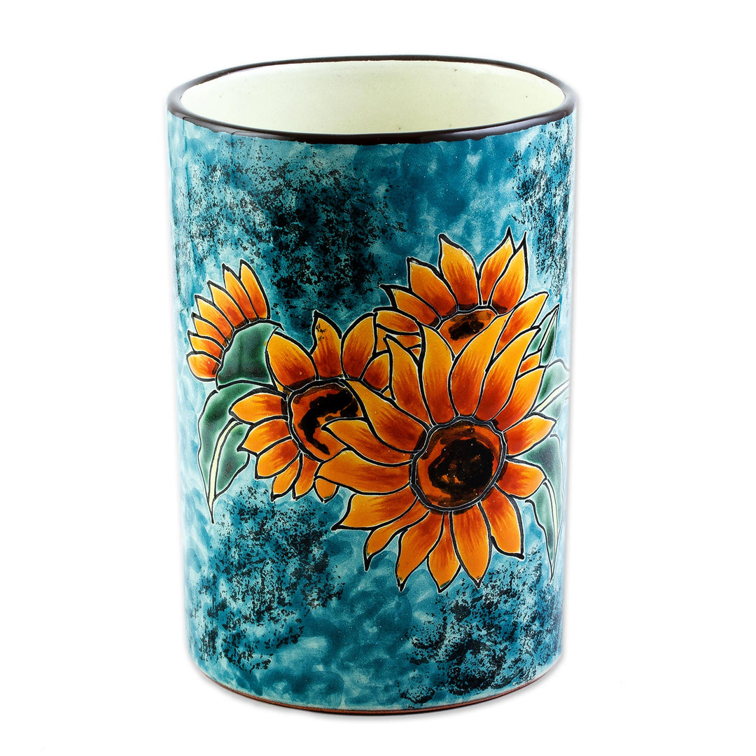 Sunflower Motif Ceramic Vase from Mexico - Brilliant Sunflower