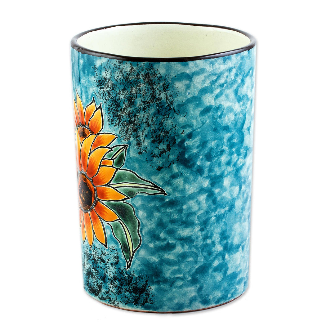 Sunflower Motif Ceramic Vase from Mexico - Brilliant Sunflower