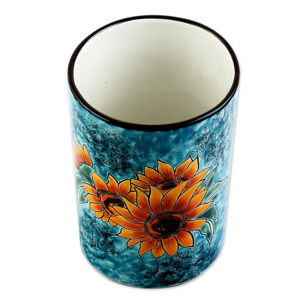 Sunflower Motif Ceramic Vase from Mexico - Brilliant Sunflower