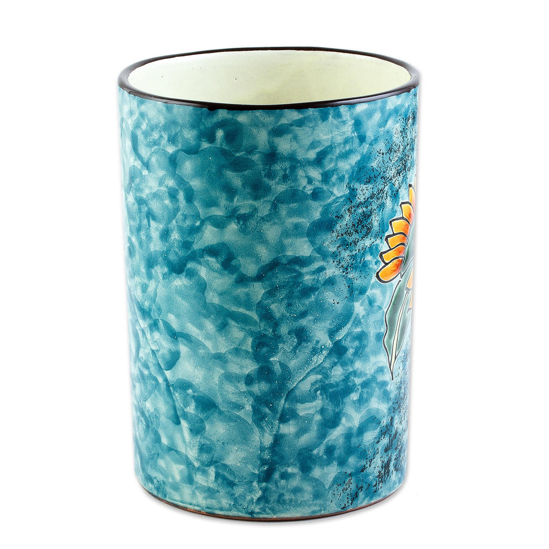 Sunflower Motif Ceramic Vase from Mexico - Brilliant Sunflower