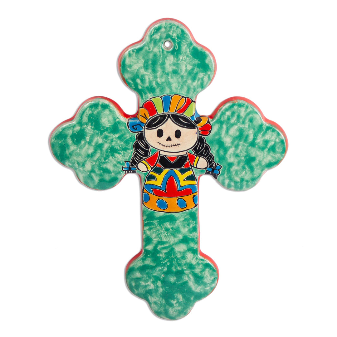 Majolica Style Ceramic Wall Cross with Doll Motif - Faithful Doll