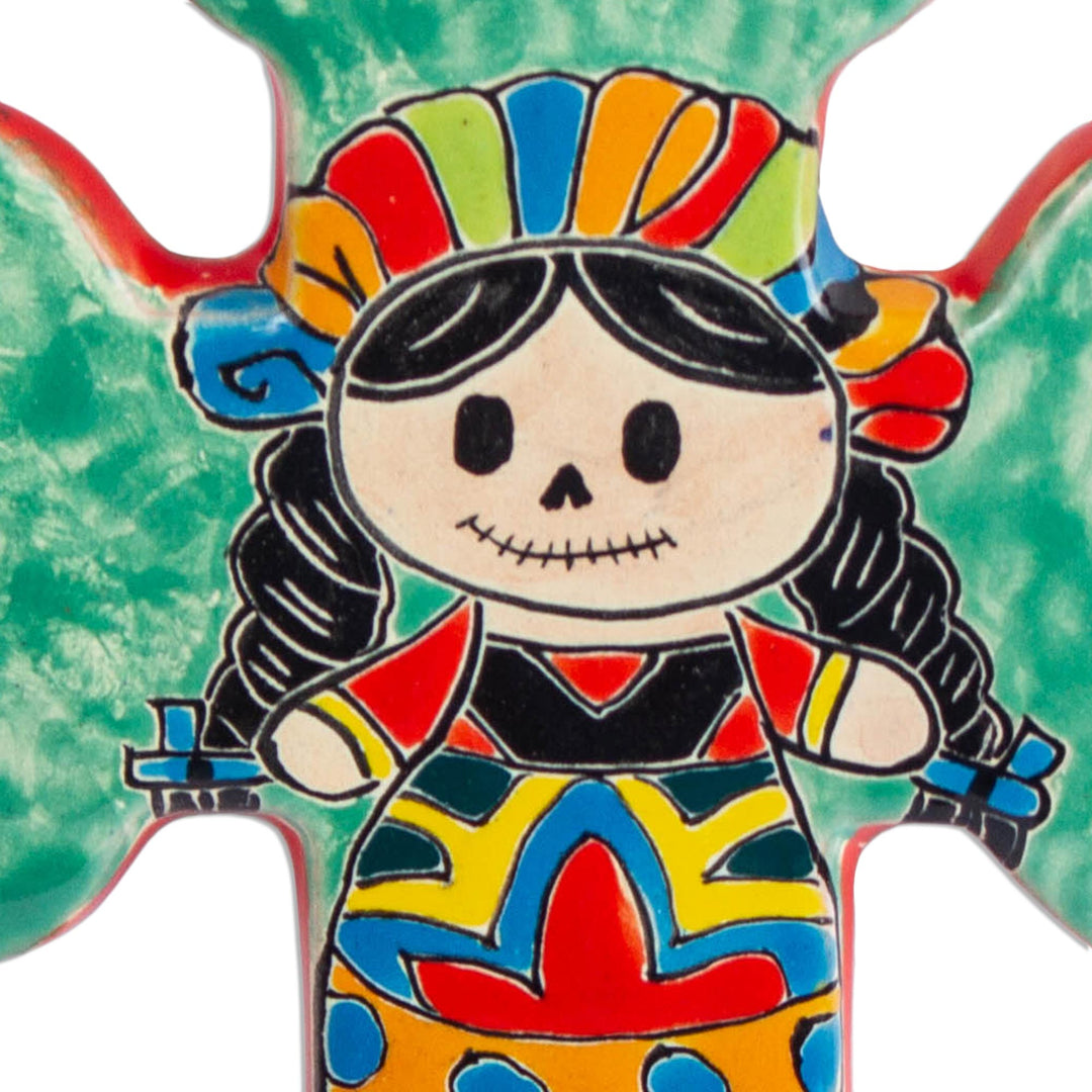 Majolica Style Ceramic Wall Cross with Doll Motif - Faithful Doll