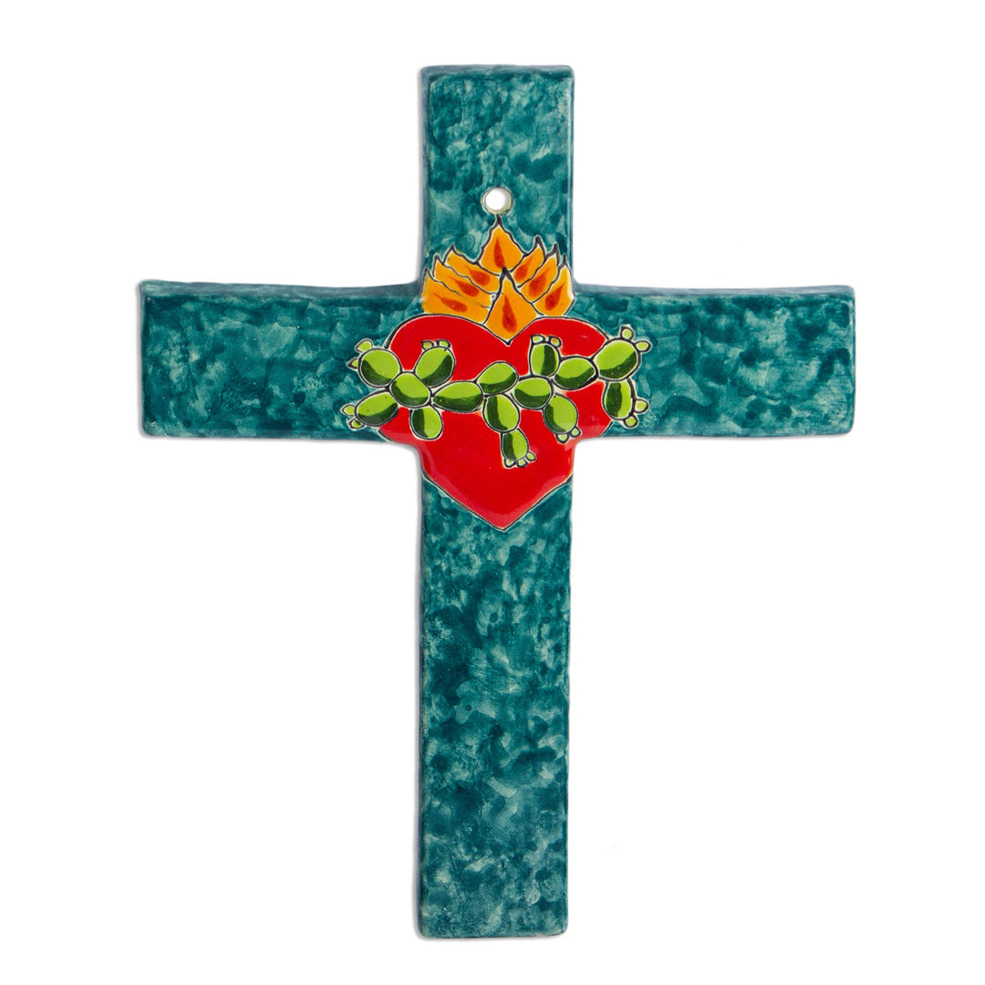 Signed Colorful Ceramic Wall Cross from Mexico - Heart of Faith