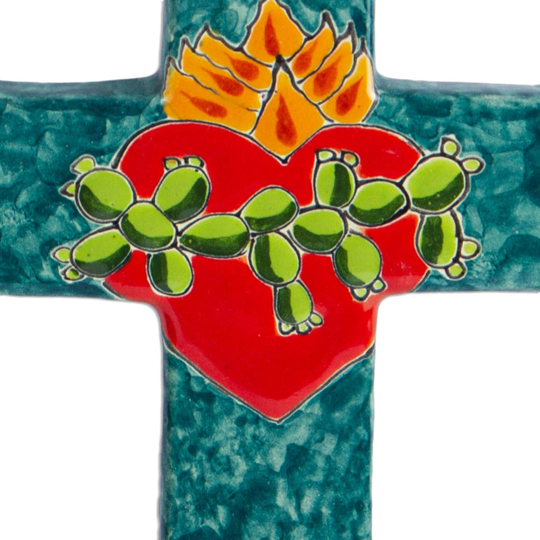Signed Colorful Ceramic Wall Cross from Mexico - Heart of Faith