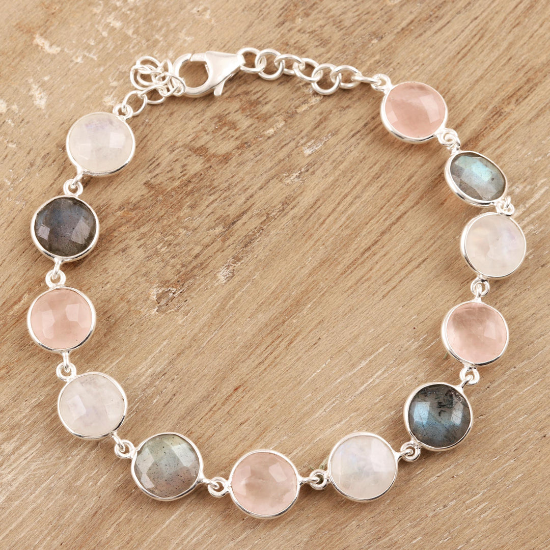 24-Carat Multi-Gemstone Link Bracelet in Pink from India - Soft Round Glitter
