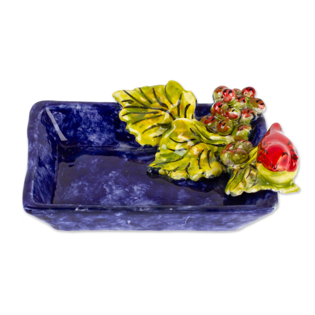Bird and Grape Themed Ceramic Candy or Snack Bowl - Vineyard Visitor