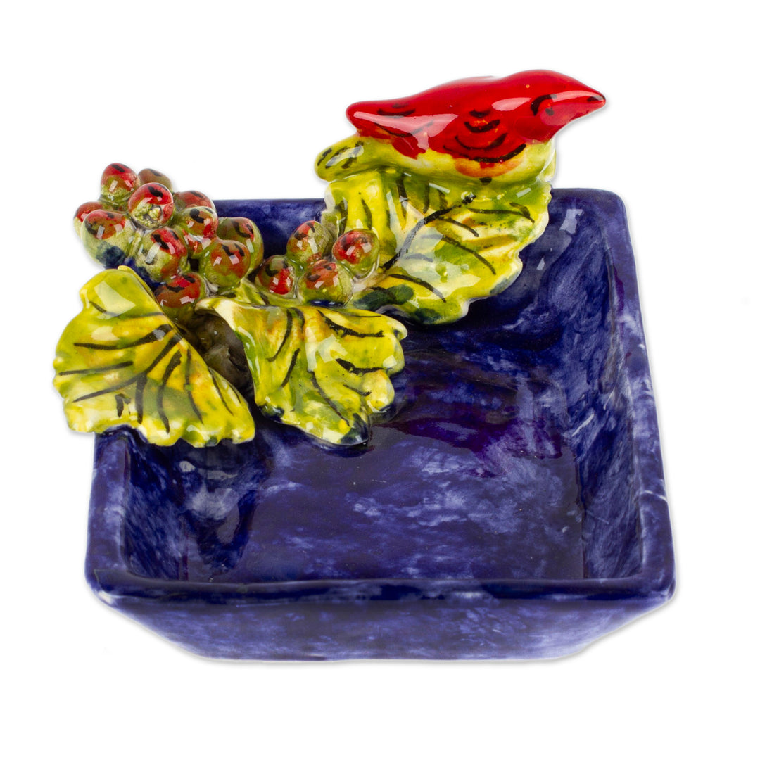 Bird and Grape Themed Ceramic Candy or Snack Bowl - Vineyard Visitor