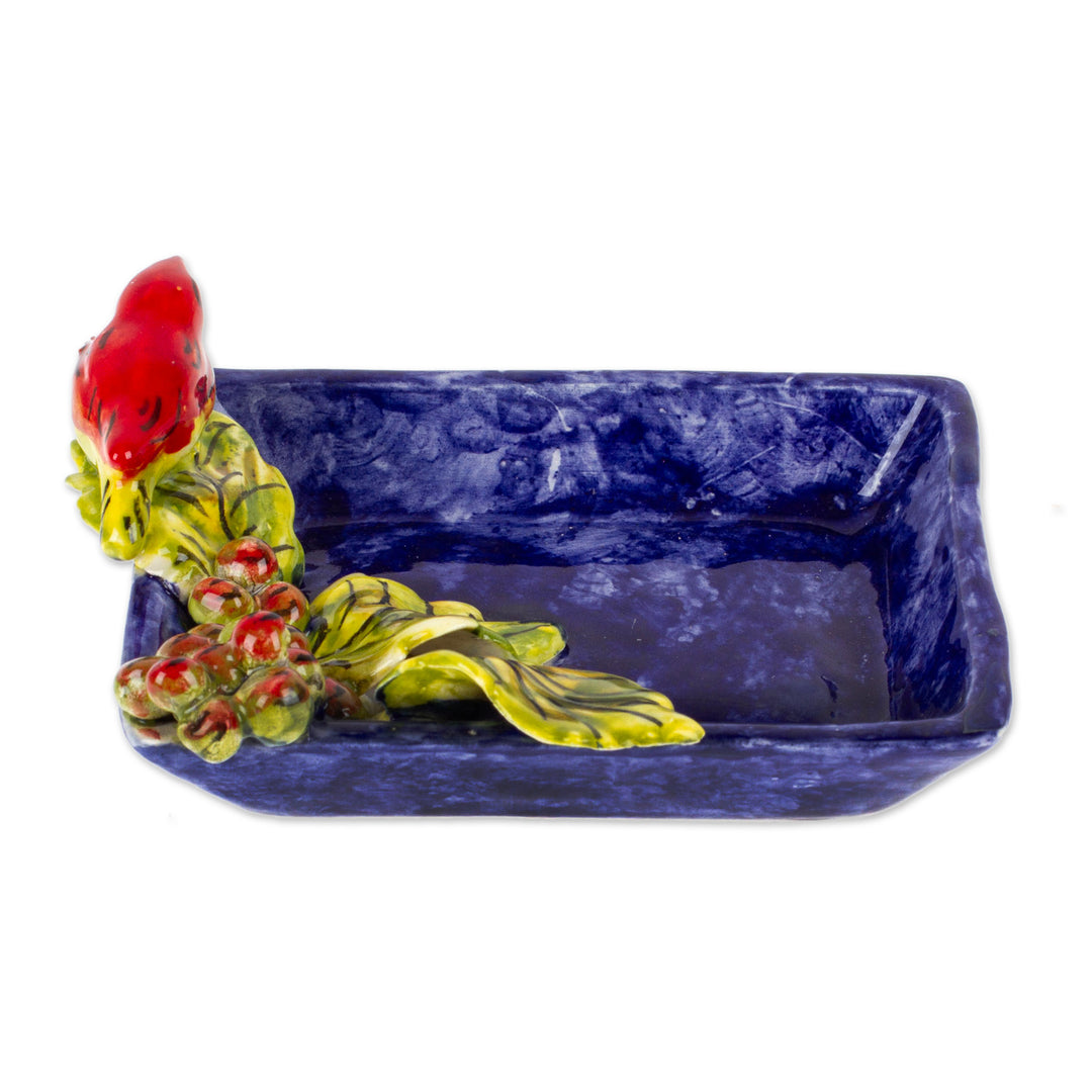 Bird and Grape Themed Ceramic Candy or Snack Bowl - Vineyard Visitor
