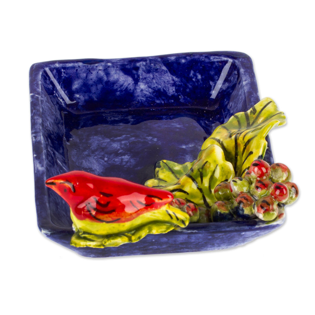 Bird and Grape Themed Ceramic Candy or Snack Bowl - Vineyard Visitor