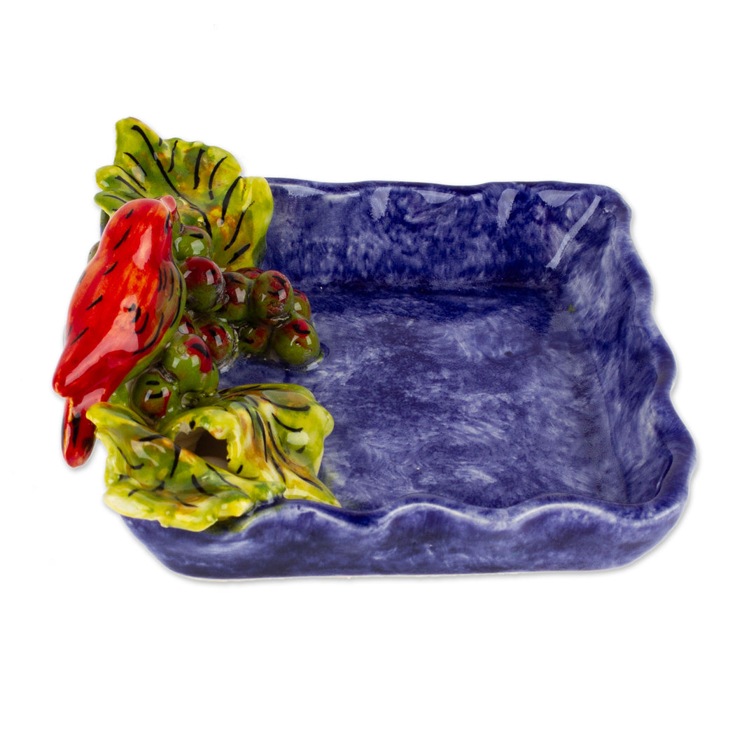 Majolica Ceramic Snack or Candy Bowl with Bird Motif - Vineyard Friend