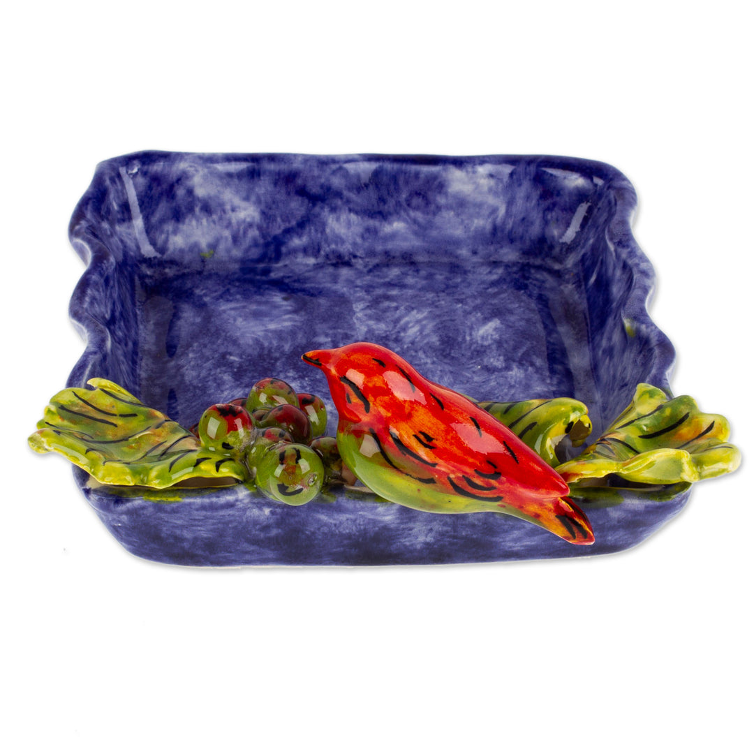 Majolica Ceramic Snack or Candy Bowl with Bird Motif - Vineyard Friend