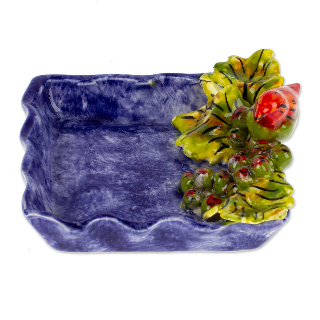 Majolica Ceramic Snack or Candy Bowl with Bird Motif - Vineyard Friend