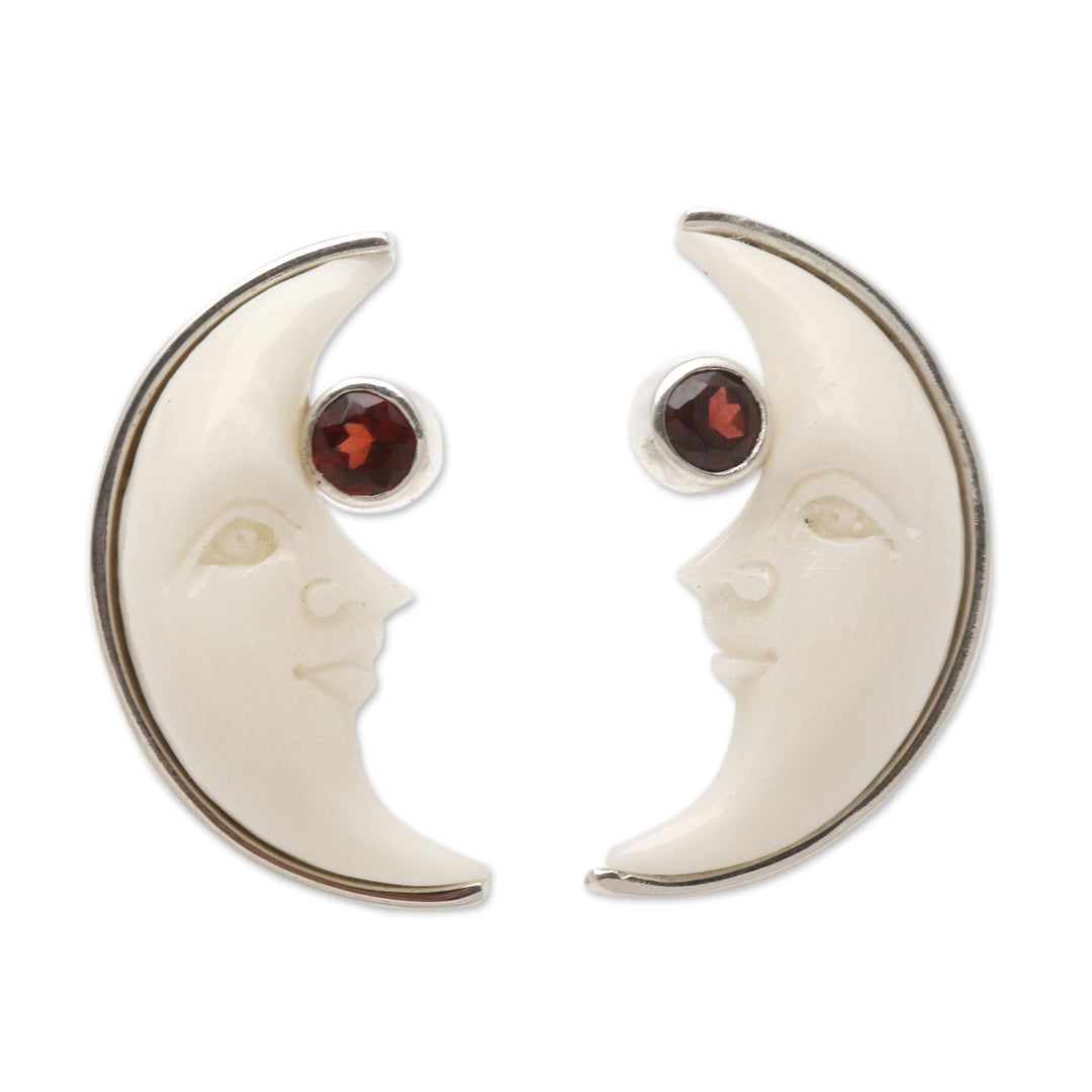 Garnet Crescent Moon Button Earrings from Bali - Moon Awakening