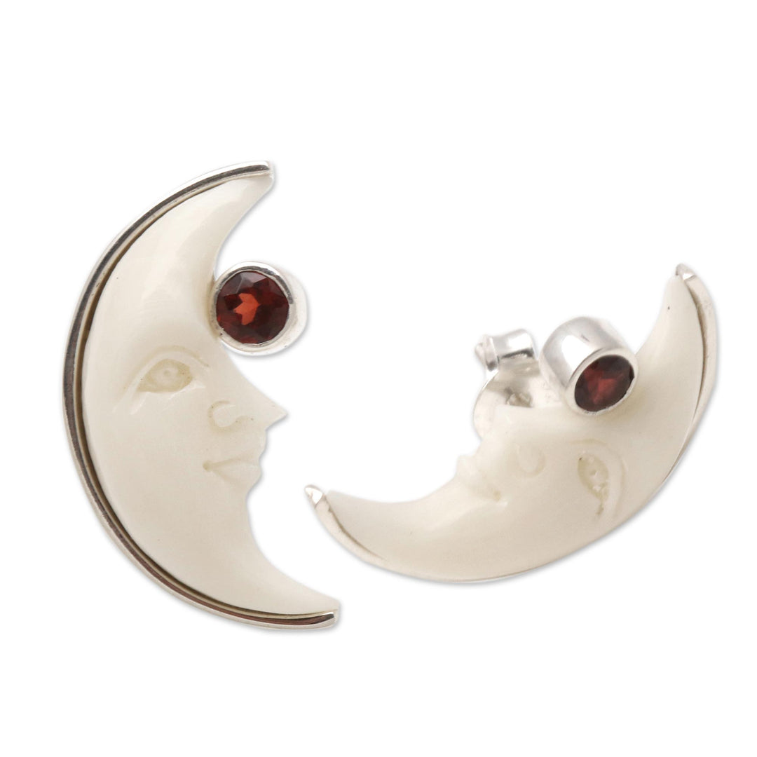 Garnet Crescent Moon Button Earrings from Bali - Moon Awakening