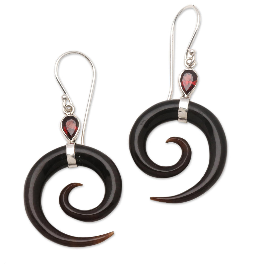 Swirl-Shaped Garnet and Dark Horn Dangle Earrings from Bali - Shadow Swirls